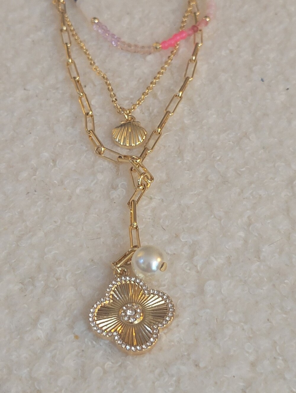 JcrewGold Layered Clover Pendant Necklace with Pearl Accent - Pink Beaded Detail